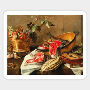 Still Life with Fruit in a Copper Vessel, Fish and Game by Circle of Frans Ykens Sticker